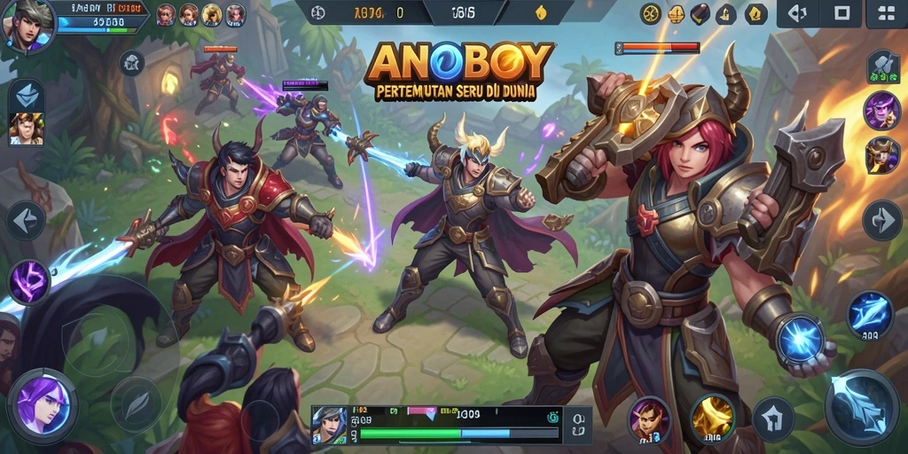 Tampilan gameplay ANOBOY dengan karakter MOBA yang beraksi.