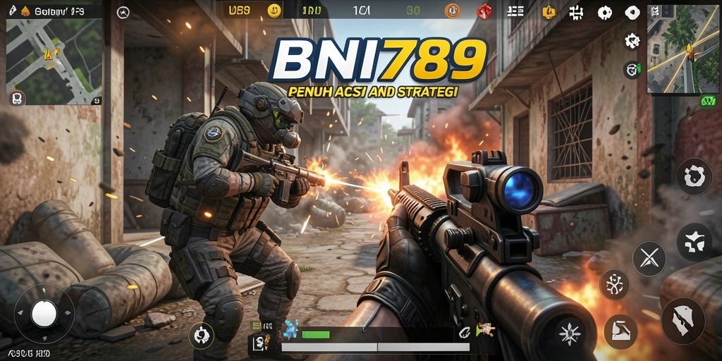 Screenshot gameplay BNI789 yang menunjukkan aksi intens dalam pertempuran FPS.