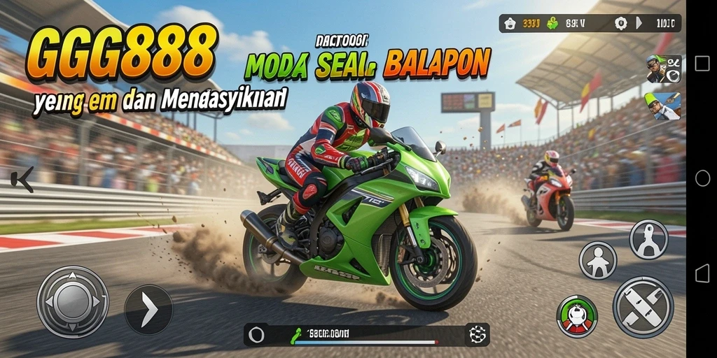Screenshot gameplay GGG888 menunjukkan balapan motor yang intens dan menegangkan.