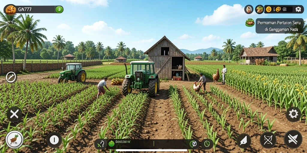 Tampilan gameplay GN777 yang menampilkan ladang pertanian yang indah dan subur.