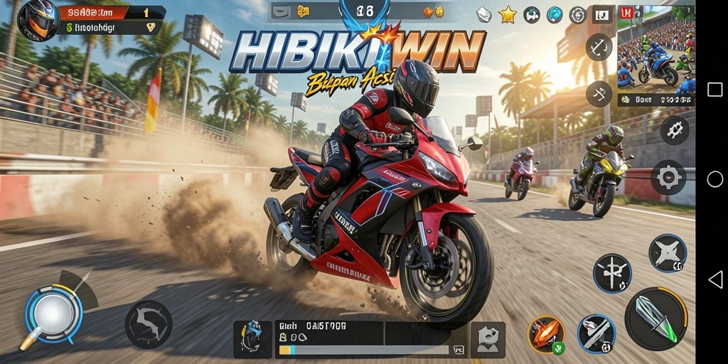 Tampilan balapan yang mendebarkan di HIBIKIWIN dengan motor berkecepatan tinggi.