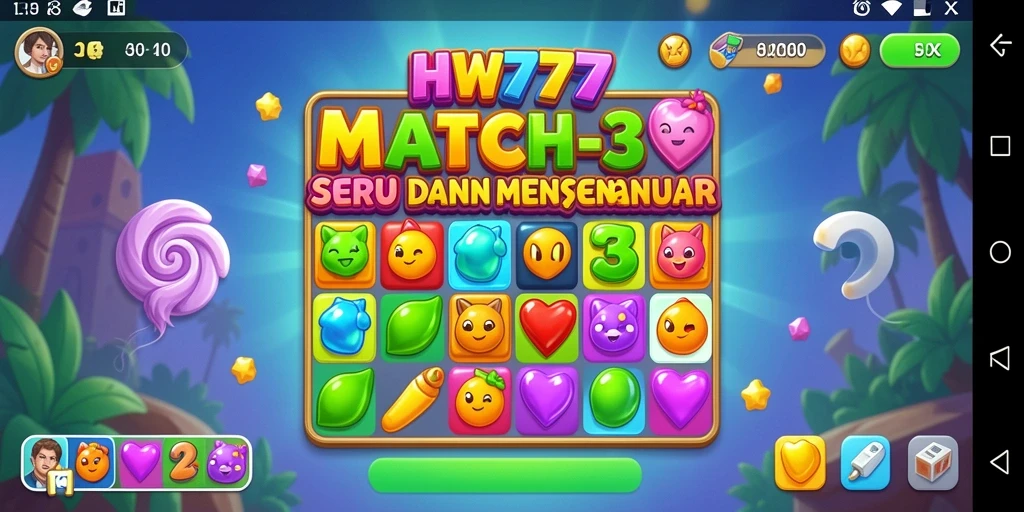Screenshot HW777 menampilkan gameplay Match-3 yang menarik dan penuh warna.