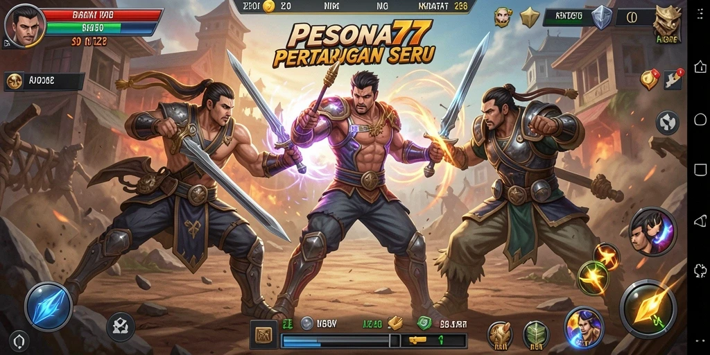 Screenshot gameplay PESONA77 menampilkan pertarungan seru dengan karakter beragam.