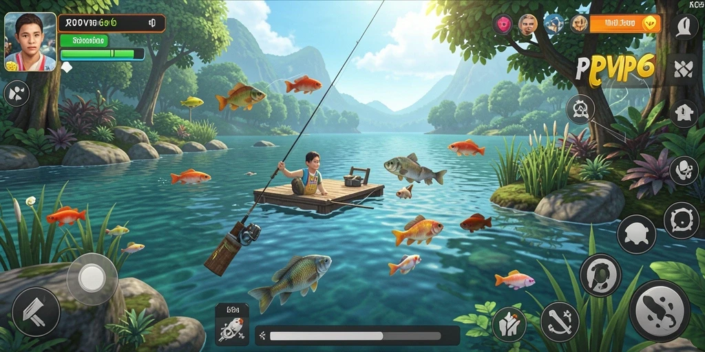 Screenshot RPVIP6 menunjukkan pemain menangkap ikan dalam suasana yang menakjubkan.